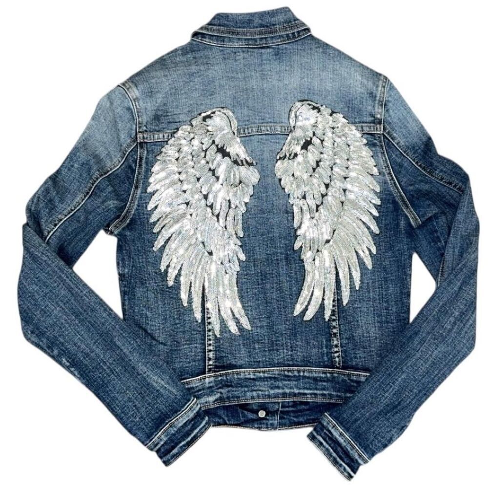 Vic Bee Navy blue denim jacket with white sequin angel wings - Picture 2 of 4